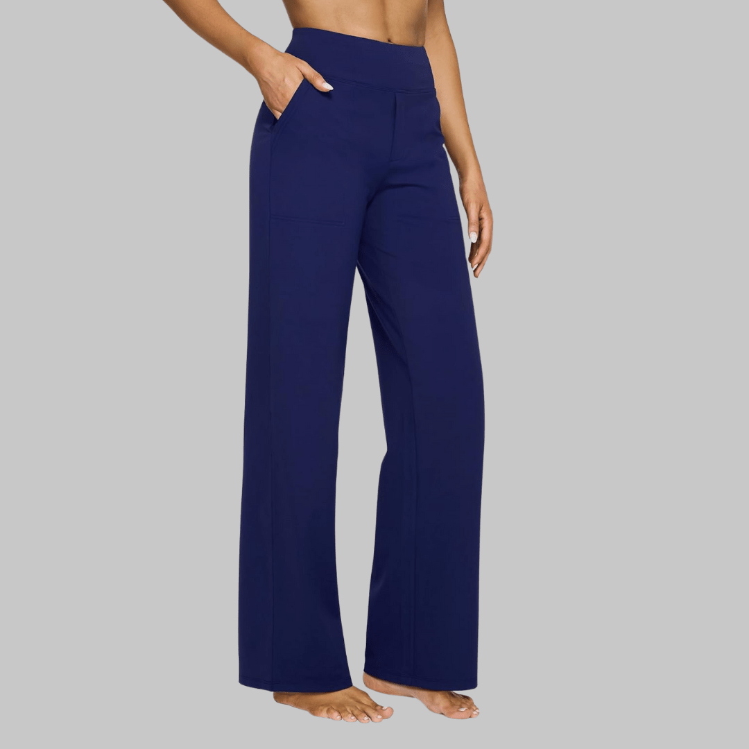 Women's stretch pants featuring a high waist design and deep pockets, crafted for comfort with wrinkle-free fabric, perfect for casual outings and workouts. 8