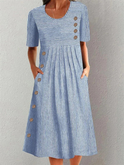 Womens striped summer dress featuring a flattering fit, breathable fabric, and midi length, perfect for casual wear. 0