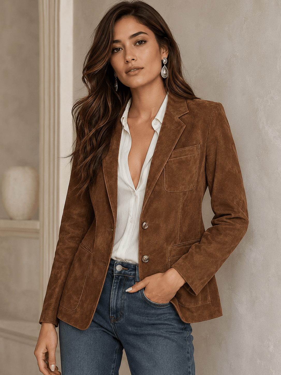 Women's suede blazer featuring a notched lapel and patch pockets, designed with a relaxed fit for effortless style and versatility in any wardrobe. 0