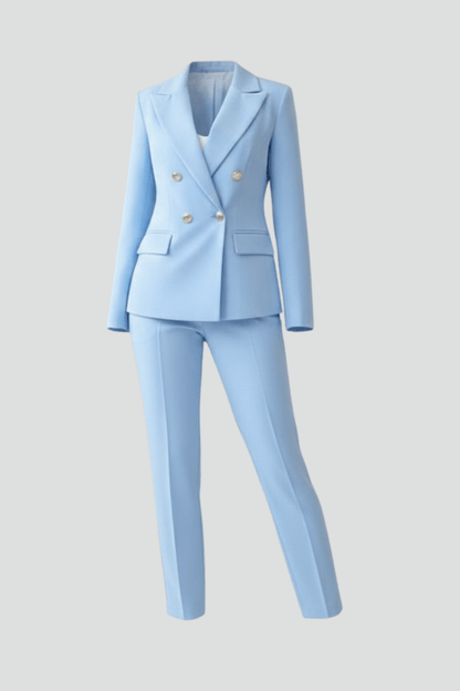 Women's suit set featuring a buttoned jacket and straight-leg trousers, designed for elegant professional attire, perfect for business meetings and formal events. 1