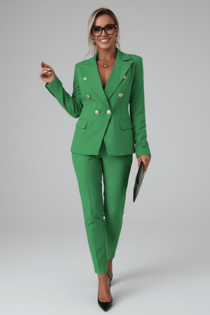 Women's suit set featuring a buttoned jacket and straight-leg trousers, designed for elegant professional attire, perfect for business meetings and formal events. 10