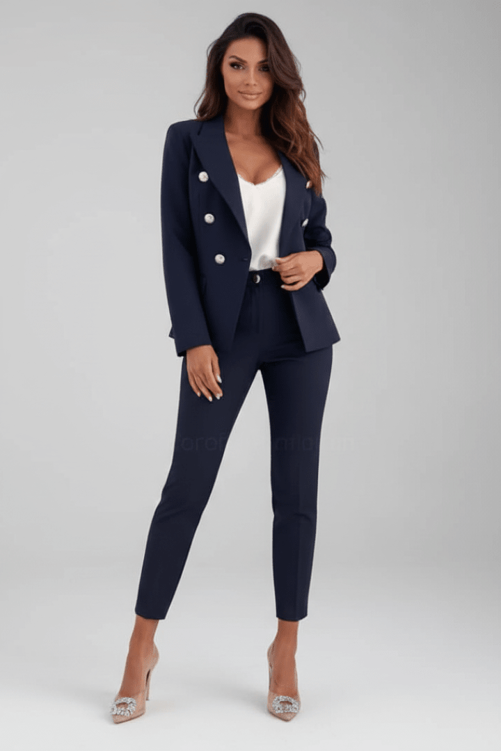 Women's suit set featuring a buttoned jacket and straight-leg trousers, designed for elegant professional attire, perfect for business meetings and formal events. 6