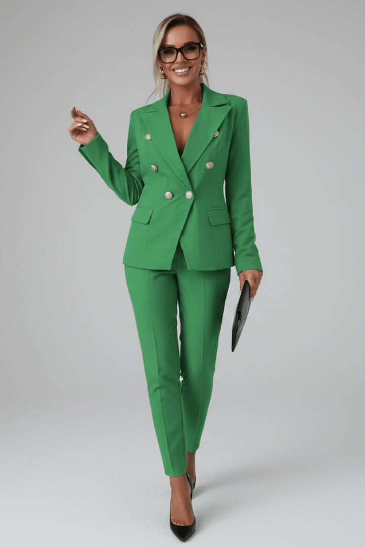 Women's Suit Set featuring a tailored buttoned jacket and straight-leg trousers, designed for elegant professional attire, crafted from high-quality fabric for comfort and style. 12