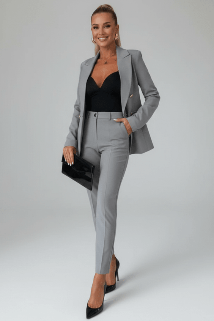 Women's Suit Set featuring a tailored buttoned jacket and straight-leg trousers, designed for elegant professional attire, crafted from high-quality fabric for comfort and style. 10