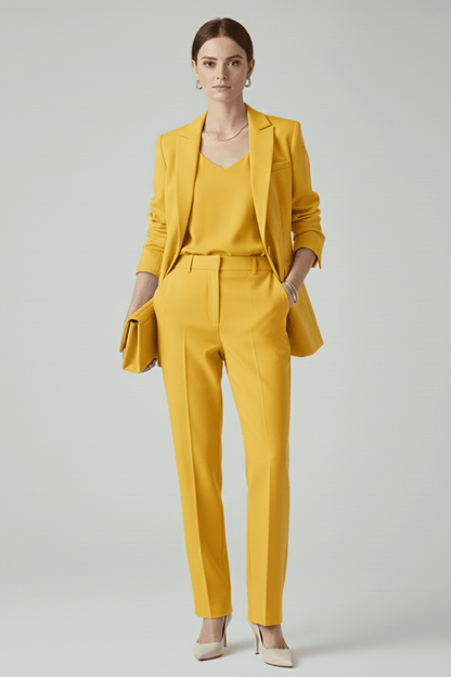 Women's suit set featuring a tailored blazer and straight-leg trousers, designed for a defined shape and elegant style, perfect for professional and formal occasions. 8
