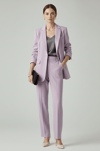Women's suit set featuring a tailored blazer and straight-leg trousers, designed for a defined shape and elegant style, perfect for professional and formal occasions. 6
