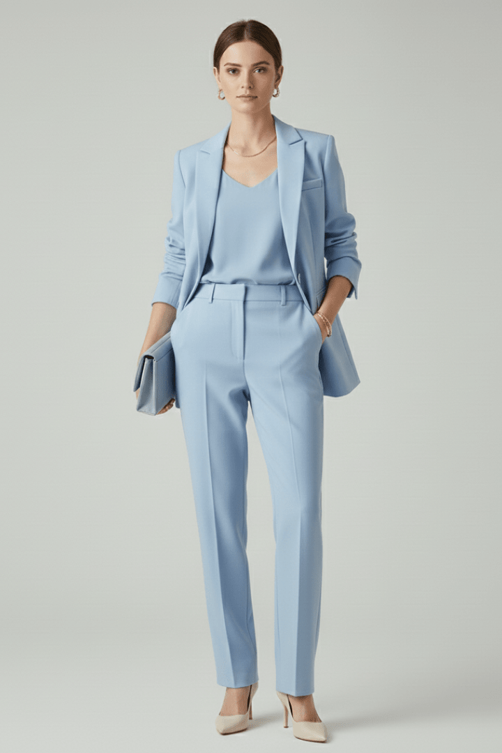 Women's suit set featuring a tailored blazer and straight-leg trousers, designed for a defined shape and elegant style, perfect for professional and formal occasions. 7