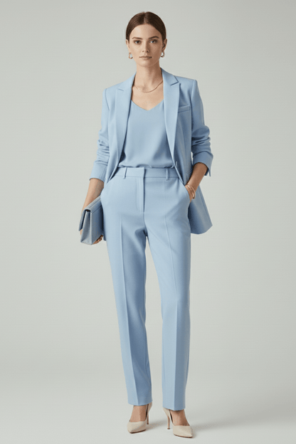 Women's suit set featuring a tailored blazer and straight-leg trousers, designed for a defined shape and elegant style, perfect for professional and formal occasions. 7