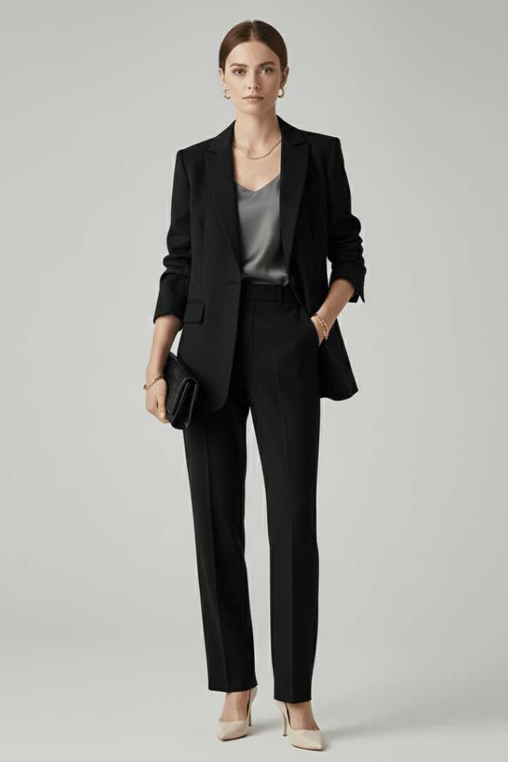 Women's suit set featuring a tailored blazer and straight-leg trousers, designed for a defined shape and elegant style, perfect for professional and formal occasions. 5