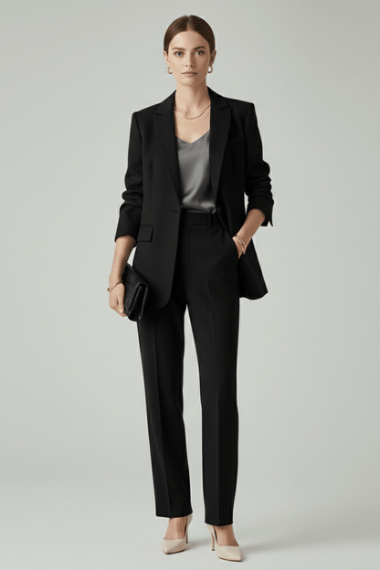 Women's suit set featuring a tailored blazer and straight-leg trousers, designed for a defined shape and elegant style, perfect for professional and formal occasions. 5
