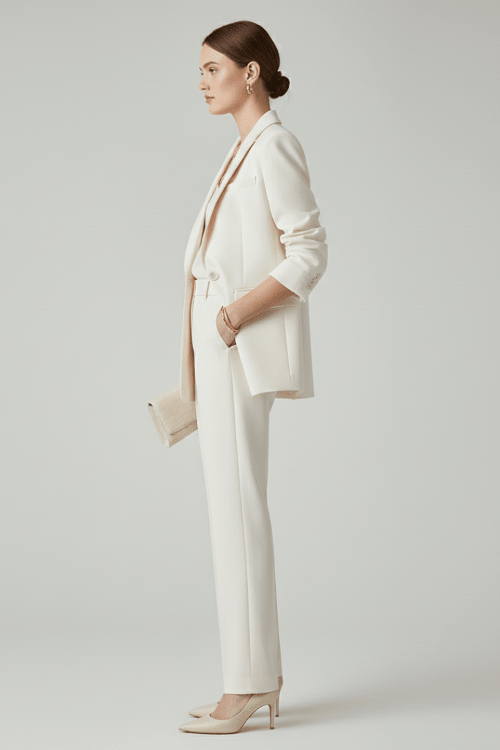Women's suit set featuring a tailored blazer and straight-leg trousers, designed for a defined shape and elegant style, perfect for professional and formal occasions. 3
