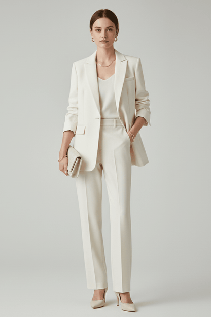 Women's suit set featuring a tailored blazer and straight-leg trousers, designed for a defined shape and elegant style, perfect for professional and formal occasions. 0