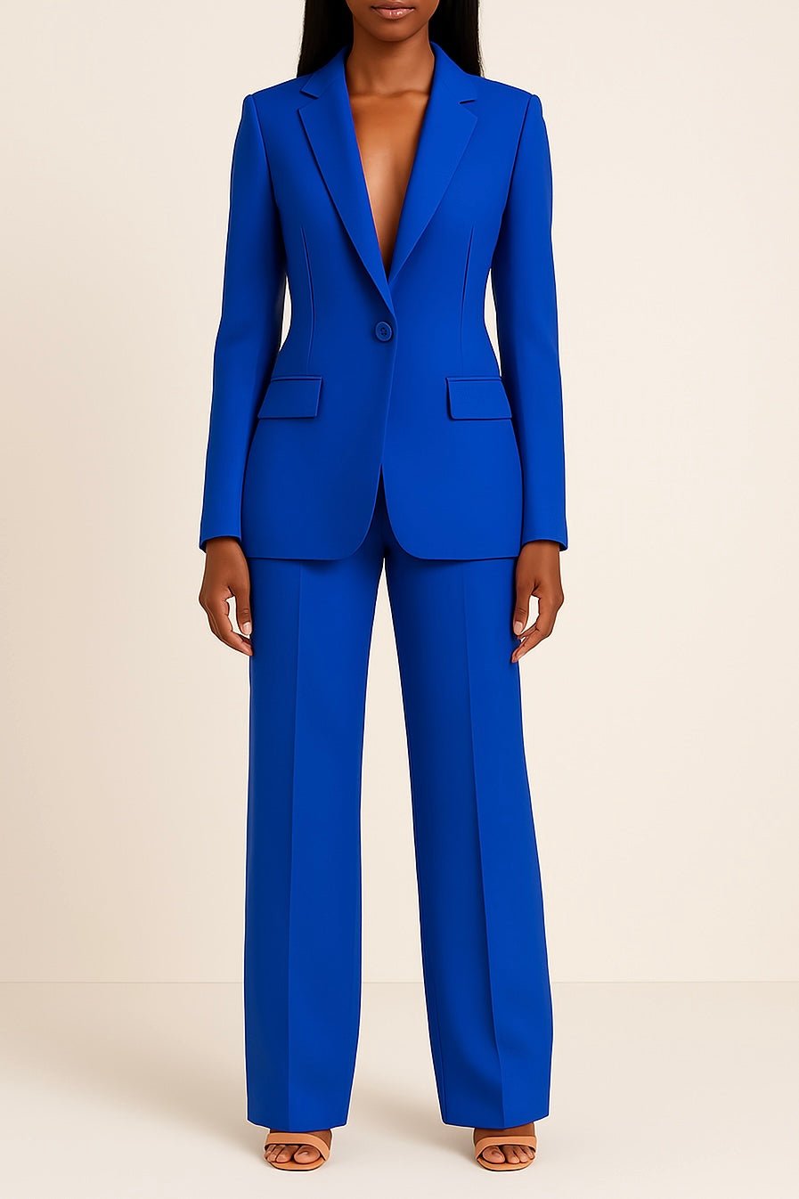 Women's suit set featuring a long blazer and slim fit trousers, designed for elegant professional attire, perfect for business meetings and formal occasions. 3