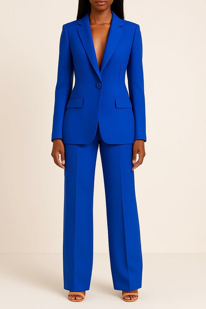 Women's suit set featuring a long blazer and slim fit trousers, designed for elegant professional attire, perfect for business meetings and formal occasions. 3