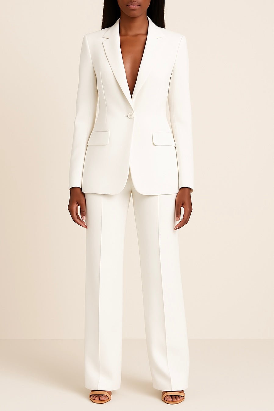 Women's suit set featuring a long blazer and slim fit trousers, designed for elegant professional attire, perfect for business meetings and formal occasions. 0