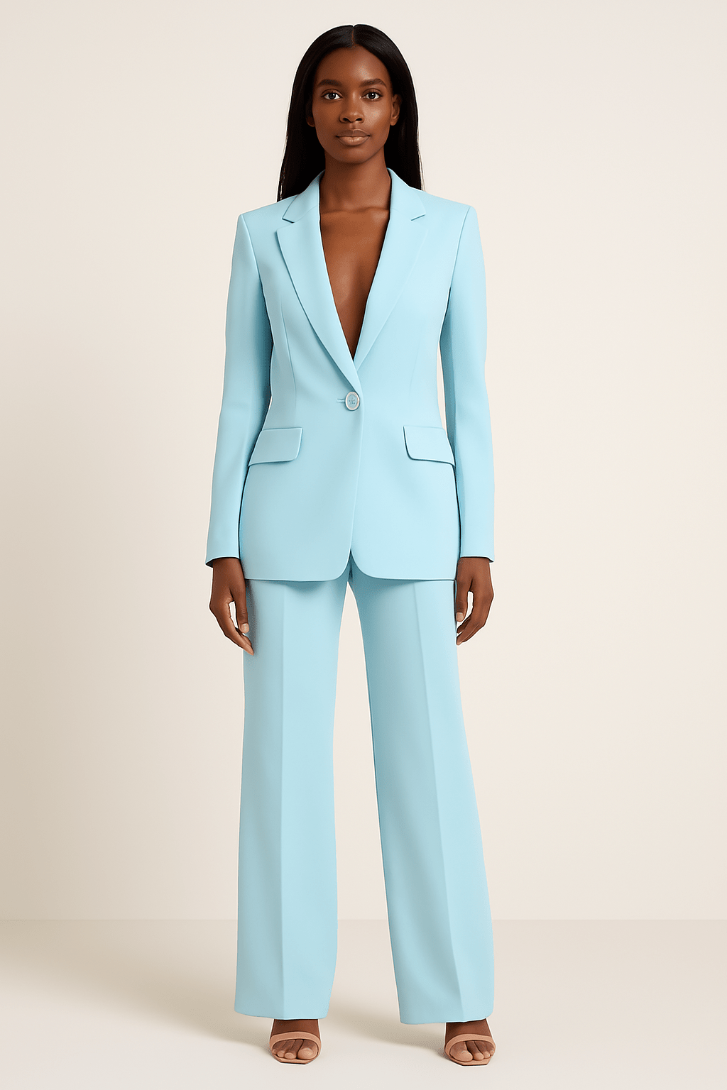 Women's suit set featuring a long blazer and slim fit trousers, designed for elegant professional attire, perfect for business meetings and formal occasions. 1