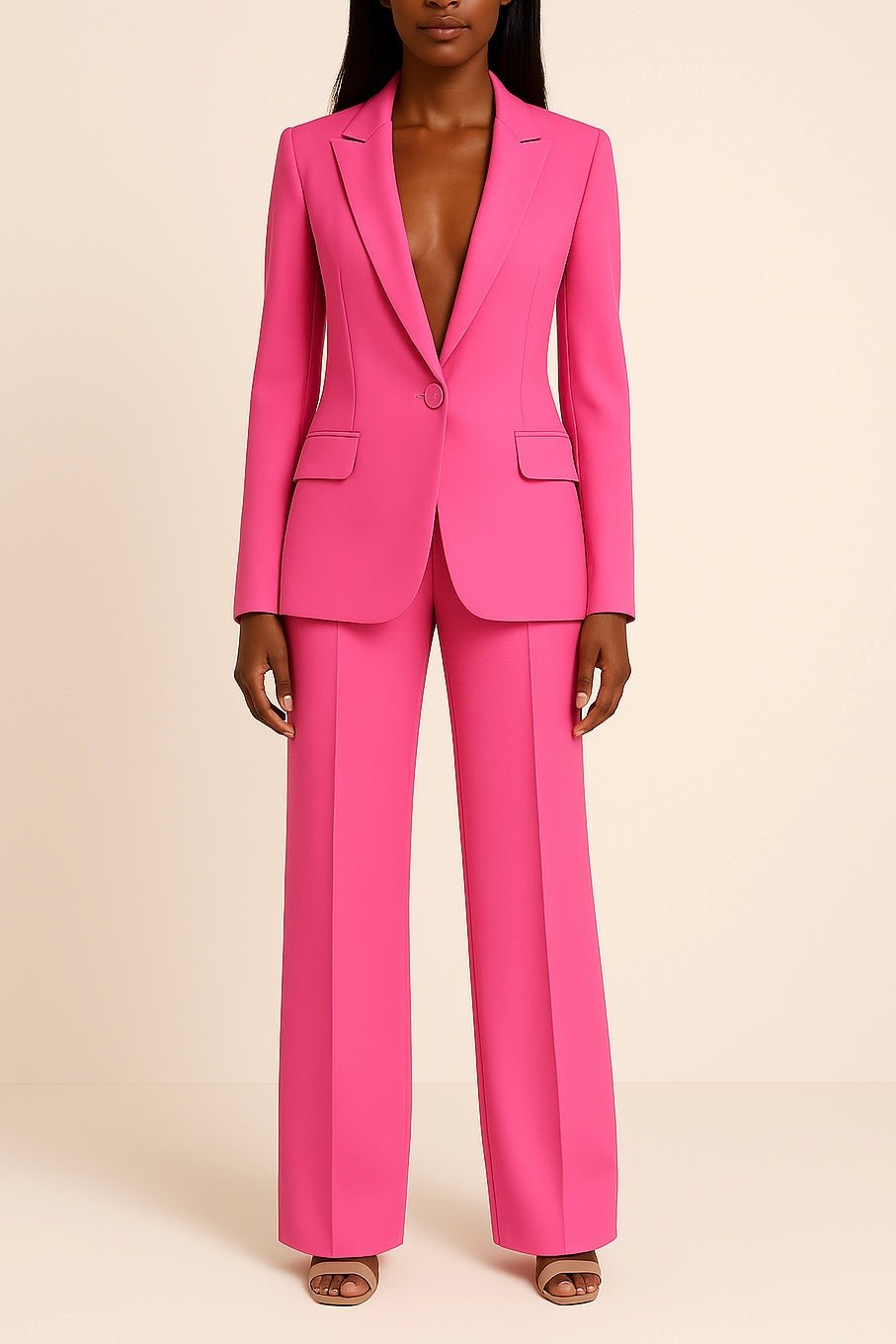 Women's suit set featuring a long blazer and slim fit trousers, designed for elegant professional attire, perfect for business meetings and formal occasions. 2