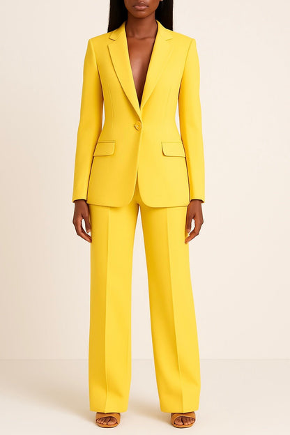 Women's suit set featuring a long blazer and slim fit trousers, designed for elegant professional attire, perfect for business meetings and formal occasions. 5