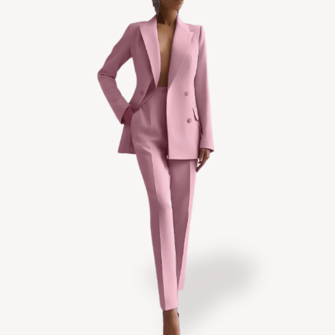 Elegant women's suit set featuring a long double-breasted blazer and slim pants, crafted from a luxurious wool blend, perfect for office and formal occasions. 2