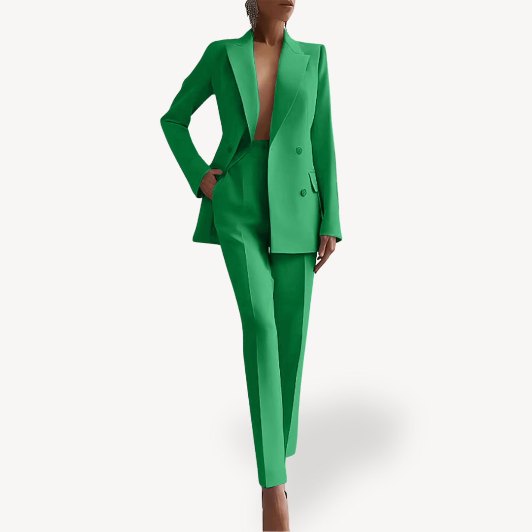 Elegant women's suit set featuring a long double-breasted blazer and slim pants, crafted from a luxurious wool blend, perfect for office and formal occasions. 4