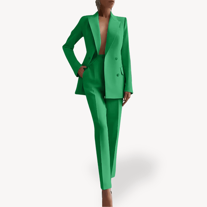 Elegant women's suit set featuring a long double-breasted blazer and slim pants, crafted from a luxurious wool blend, perfect for office and formal occasions. 4