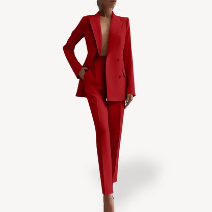 Elegant women's suit set featuring a long double-breasted blazer and slim pants, crafted from a luxurious wool blend, perfect for office and formal occasions. 5