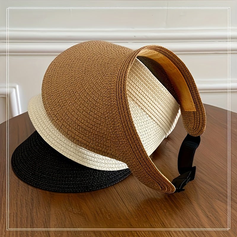 Women's sun visor with a wide brim for UV protection, featuring an adjustable and lightweight foldable design, perfect for outdoor activities and sunny days. 2