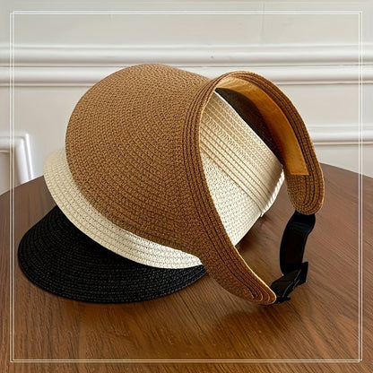 Women's sun visor with a wide brim for UV protection, featuring an adjustable and lightweight foldable design, perfect for outdoor activities and sunny days. 2