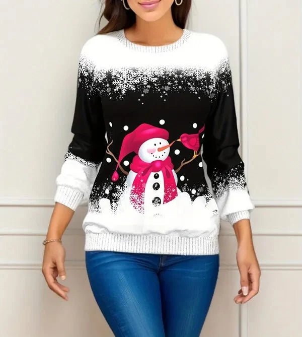 Women's cozy O-neck sweater pullover featuring a festive snowman and reindeer design, perfect for casual winter wear. 3