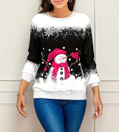 Women's cozy O-neck sweater pullover featuring a festive snowman and reindeer design, perfect for casual winter wear. 3