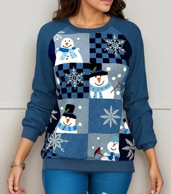 Women's cozy O-neck sweater pullover featuring a festive snowman and reindeer design, perfect for casual winter wear. 4