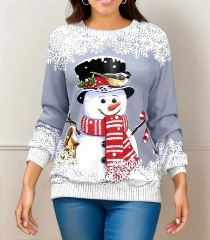 Women's cozy O-neck sweater pullover featuring a festive snowman and reindeer design, perfect for casual winter wear. 5