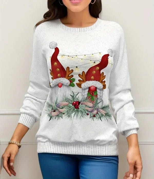 Women's cozy O-neck sweater pullover featuring a festive snowman and reindeer design, perfect for casual winter wear. 0