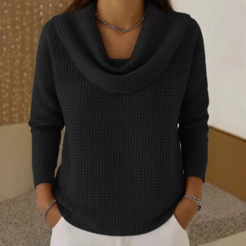 Women's blue sweater featuring a cowl neck design, made from soft waffle knit fabric for cozy warmth, with an elegant flowing fit perfect for stylish layering. 4