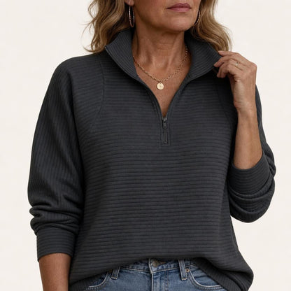 Women's relaxed fit sweater featuring a stylish half-zip design, balloon sleeves, and a cozy funnel neck, perfect for casual outings and layering in cooler weather 2