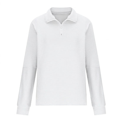 Women's relaxed fit sweater featuring a stylish half-zip design, balloon sleeves, and a cozy funnel neck, perfect for casual outings and layering in cooler weather 4