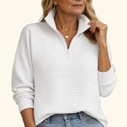 Women's relaxed fit sweater featuring a stylish half-zip design, balloon sleeves, and a cozy funnel neck, perfect for casual outings and layering in cooler weather 0