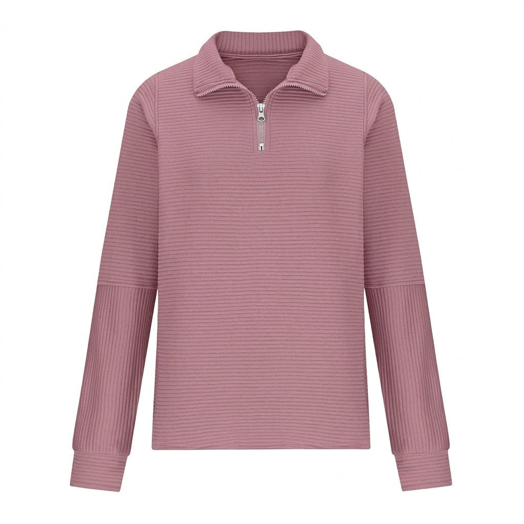 Women's relaxed fit sweater featuring a stylish half-zip design, balloon sleeves, and a cozy funnel neck, perfect for casual outings and layering in cooler weather 5