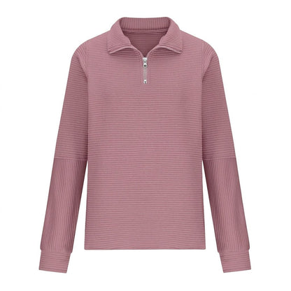 Women's relaxed fit sweater featuring a stylish half-zip design, balloon sleeves, and a cozy funnel neck, perfect for casual outings and layering in cooler weather 5