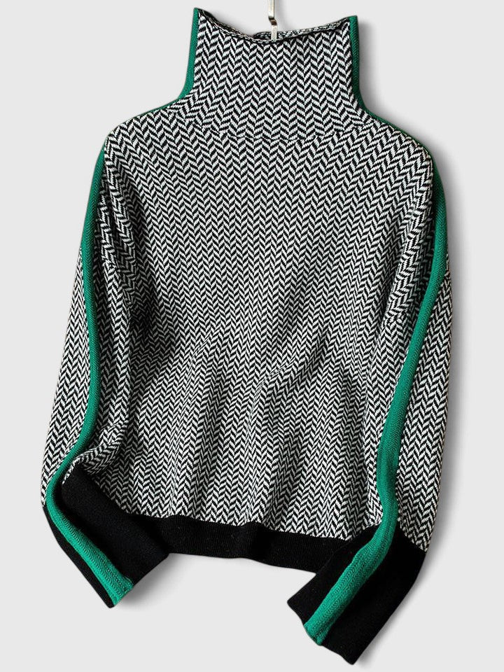 Women's high neck sweater featuring bold stripes, made from cozy knit fabric, perfect for everyday wear. 5