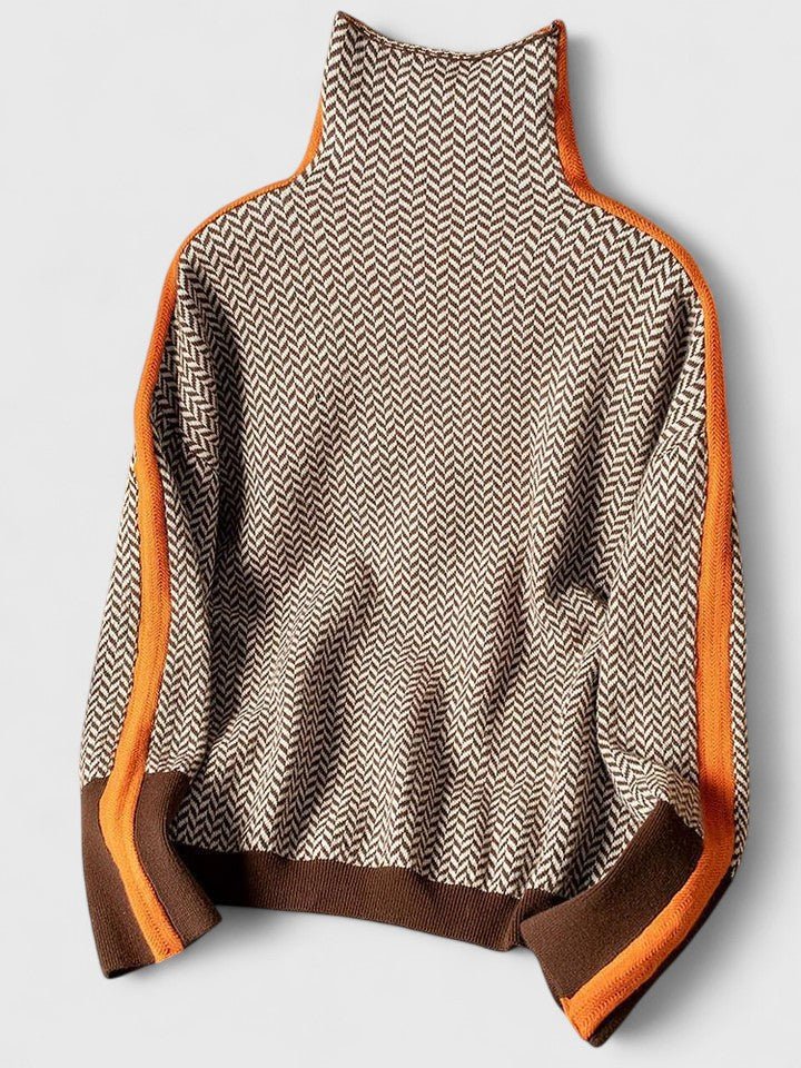 Women's high neck sweater featuring bold stripes, made from cozy knit fabric, perfect for everyday wear. 0