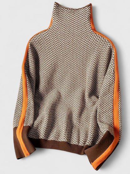 Women's high neck sweater featuring bold stripes, made from cozy knit fabric, perfect for everyday wear. 0
