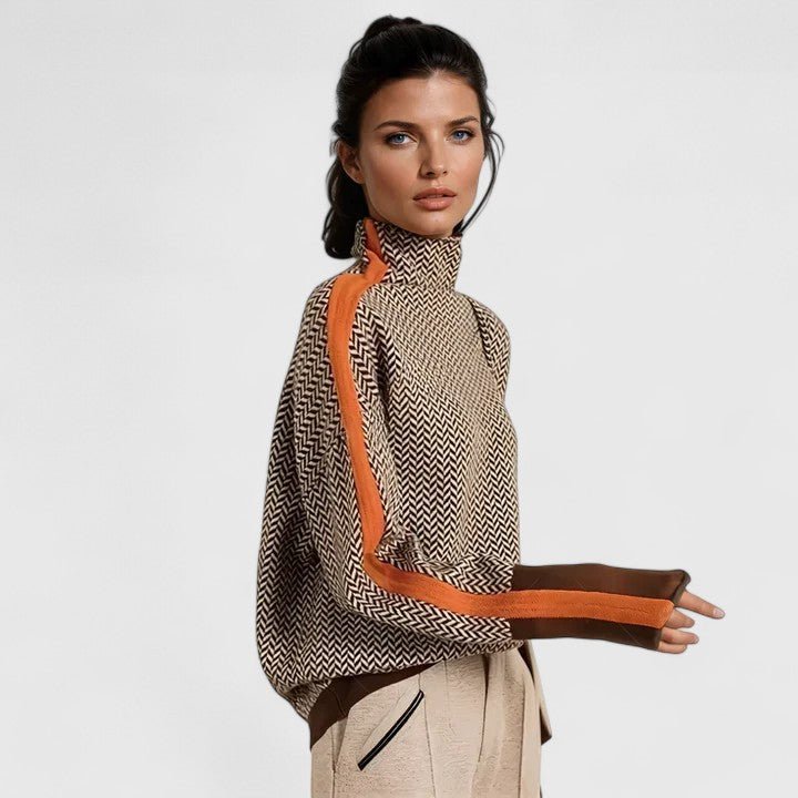 Women's high neck sweater featuring bold stripes, made from cozy knit fabric, perfect for everyday wear. 1