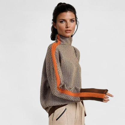 Women's high neck sweater featuring bold stripes, made from cozy knit fabric, perfect for everyday wear. 1