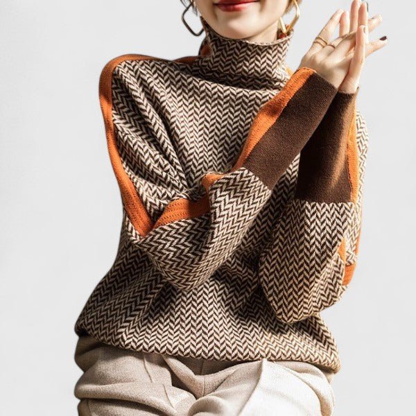 Women's high neck sweater featuring bold stripes, made from cozy knit fabric, perfect for everyday wear. 3