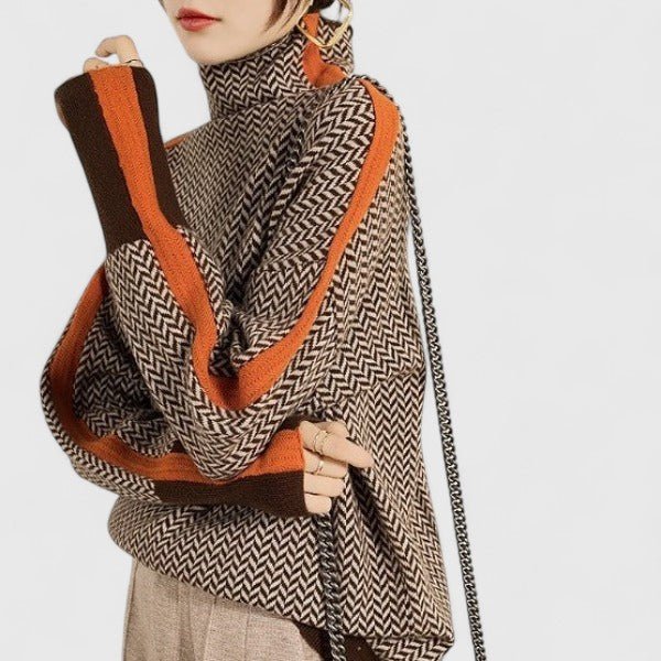 Women's high neck sweater featuring bold stripes, made from cozy knit fabric, perfect for everyday wear. 2