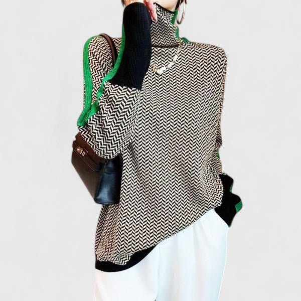 Women's high neck sweater featuring bold stripes, made from cozy knit fabric, perfect for everyday wear. 4