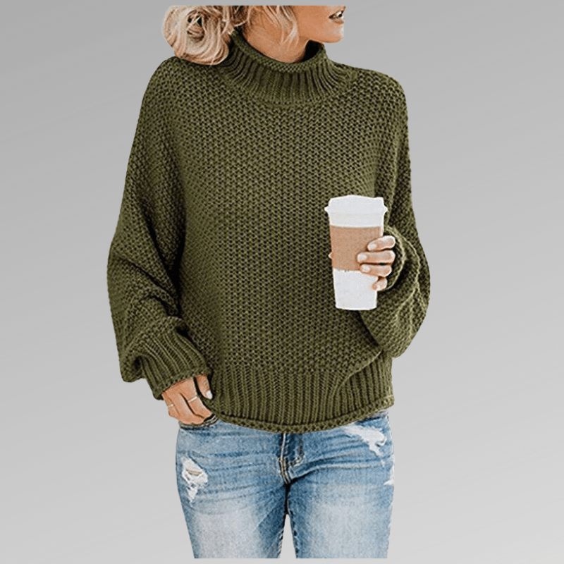 Women's orange high-neck sweater featuring a soft cozy knit and draped fit, perfect for stylish layering in cooler weather. 1