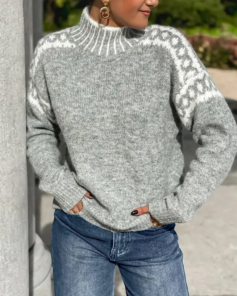 Women's gray sweater featuring a soft brushed interior, made from double-knit waffle fabric, designed for a relaxed elegant fit. 0