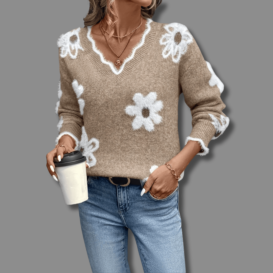 Womens V-neck sweater featuring floral accents, cozy knit design, perfect for casual and stylish outfits. 3